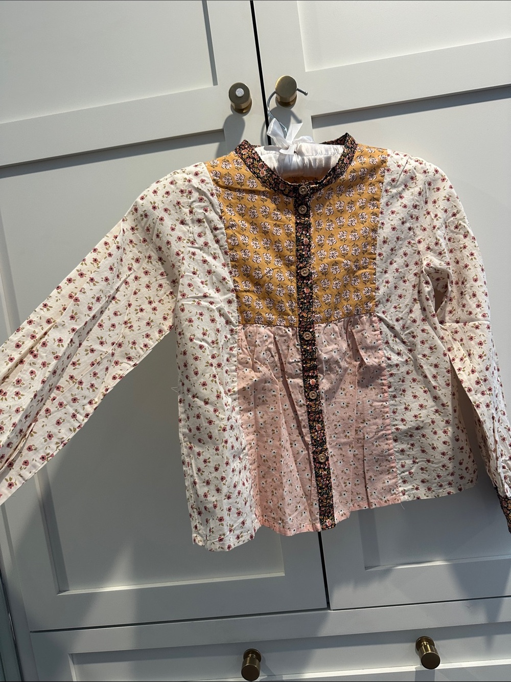 H&M Girls Patchwork Floral Long-Sleeve Top in White, Pink & Mustard